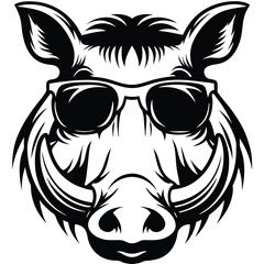 Obraz premium Boar head displays sunglasses, its tusks prominently curving in a monochrome emblem facing forward