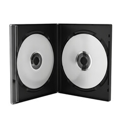 Two optical discs inside of a jewel case displayed in a symmetrical and centered composition view on transparent background