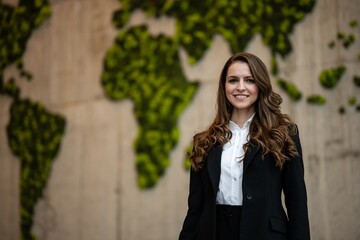 Businesswoman standing in front of world map