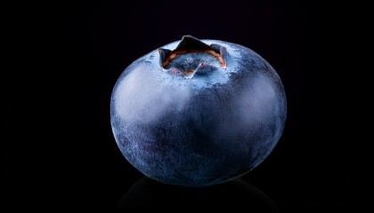 a single ripe blueberry plump and dark blue showcasing a slight indentation at its blossom end against a black background