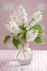 White lilac in a glass vase on pink fabric