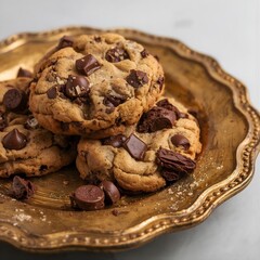 Golden Indulgence" - Decadent Chocolate Chip Cookies on an Opulent Gold Platter