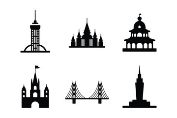 Naklejka premium Collection of iconic architectural silhouettes featuring castles towers and bridges