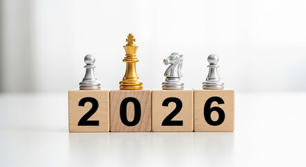 Chess pieces atop wooden blocks spelling out the year twenty twenty six on a bright surface 