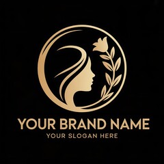 Fototapeta premium Golden profile of a woman with flowing hair and a flower logo silhouette