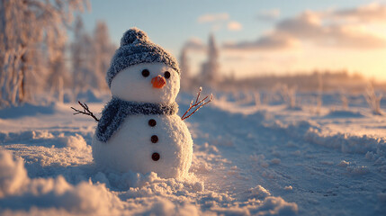 Snowman in a winter wonderland with a beautiful sunset background