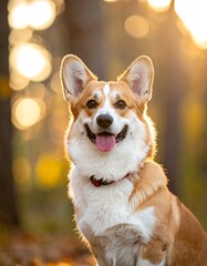 Happy Corgi Dog Portrait in Autumn Sunlight.