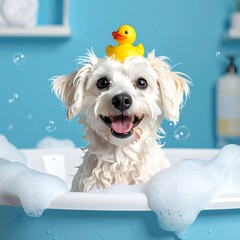 Happy Dog in Bubble Bath with Rubber Duckie on Head.