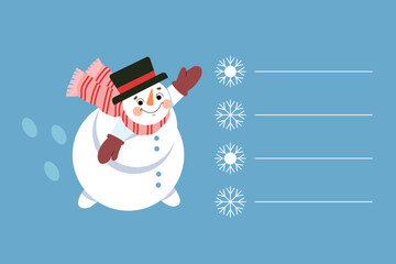 Cute snowman waving, winter background with space for text or list. Vector illustration of template for children's Christmas greeting envelope. View from above.