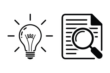 Illuminated idea and document analysis with magnifying glass icon