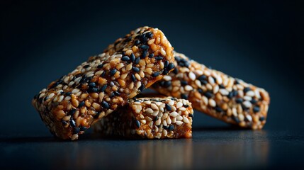 Homemade snack bars with sesame, soft contrast