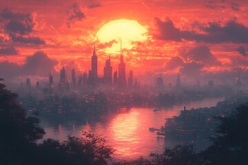 Cityscape sunset painting with river and skyscrapers digital art orange and red sky illustration fantasy art