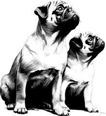 Two pugs in full growth, silhouette