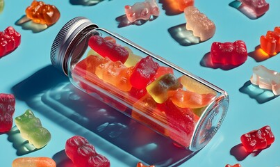 Colorful gummy bears in glass jar on blue background delicious candy sweet treat gummy bears for kids and adults