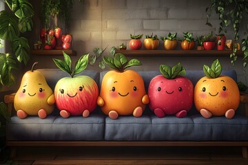 Cute fruit characters apple pear orange illustration kawaii cartoon healthy food adorable smiling faces