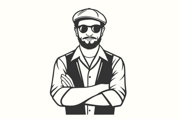 Confident bearded man with arms crossed and wearing a newsboy cap stands strong