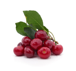 Pile of ripe cherries on white background.
