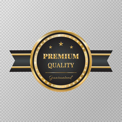 Premium quality golden sign with diamonds  isolated on transparent background. Trophy for challenge. Award medal. Golden label. Design element for advertising.Premium quality.Vector illustration
