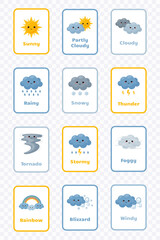 Naklejka premium Cute cartoon weather flashcard collection with inscriptions isolated on transparent background.Moon, stars, sun, clouds, rain, snow, wind, rainbow, lightning, temperature.Vector illustration.