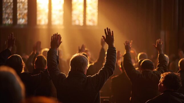 Church choir singers performing with warm golden light streaming behind them, capturing celebration energy, spiritual joy, and communal worship in an uplifting sacred atmosphere.
