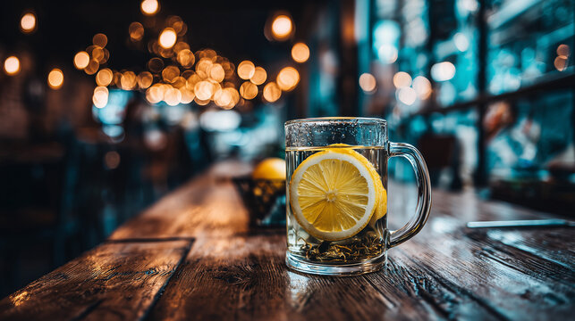 Refreshing lemon tea served in a glass mug, perfect for relaxation and wellness. An ideal drink choice for cafes and wellness enthusiasts.