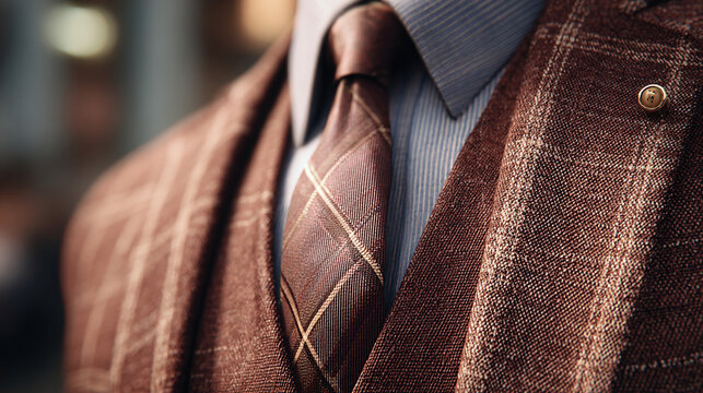 Close-up of a gentleman's impeccably tailored suit and tie, highlighting the details of the fabric, pattern and a small lapel pin. It is a portrait of elegance and sophistication