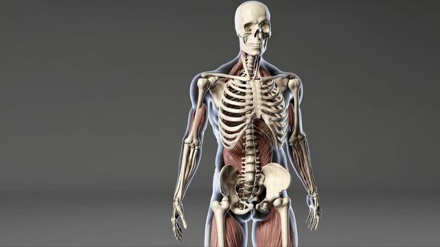 A front-facing video of a human skeleton with muscles, showcasing anatomical details. The camera angle is straight-on, emphasizing structure and form.