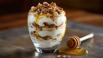 Yogurt parfait with granola and honey, balanced neutral tones