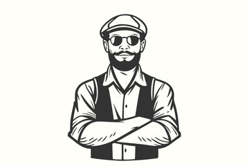 Confident bearded gentleman wearing vintage cap and sunglasses stands with arms crossed in monochrome