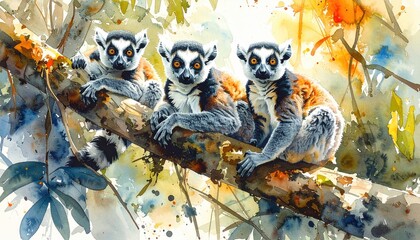 Obraz premium three lemur on branch in rainforest scene, concept for wildlife conservation and biodiversity awareness in madagascar ecosystem