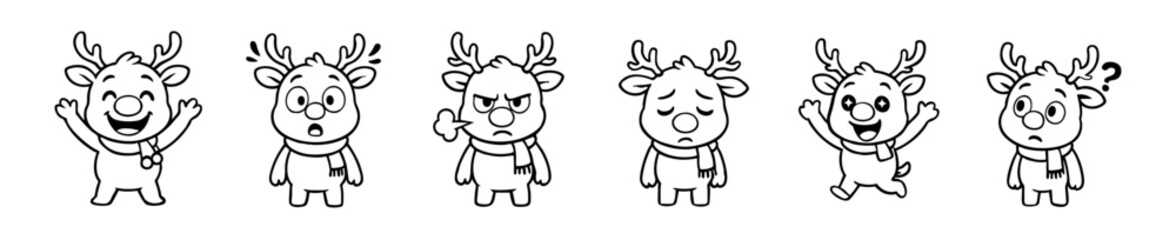 Diverse Line Art Reindeer Emoticons Expressing Varied Emotions in a Row