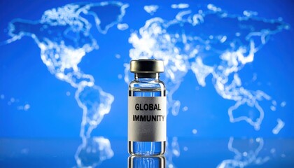Transparent vial labeled global immunity placed before glowing digital world map representing global healthcare cooperation vaccination strategy and medical research for pandemic prevention