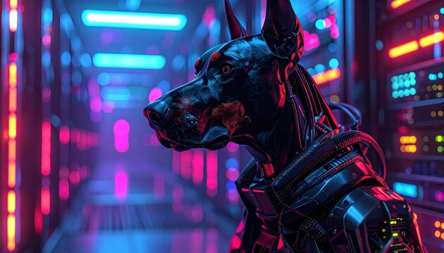Cybernetic dog in data corridor symbolizing AI security robotics evolution digital defense and speculative future concept in neon sci fi atmosphere