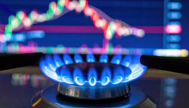 Natural gas flame burning on a stove with colorful financial chart in background representing global energy market volatility and price fluctuations in the industry