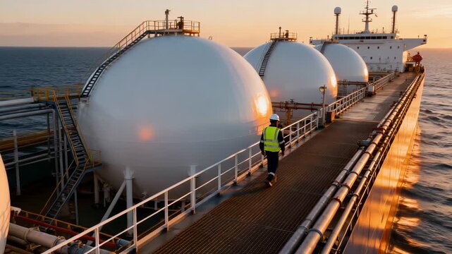 Inspectors observe tanks, Gentle evening light illuminates steel