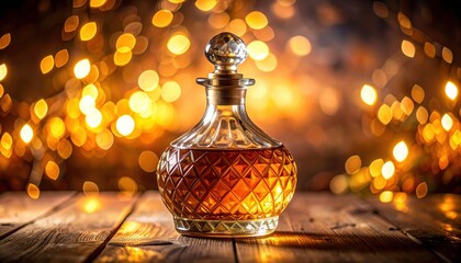 Cut crystal decanter of amber liquor on rustic wood table with warm bokeh lights evoking winter celebration slow luxury tasting and intimate evening gathering