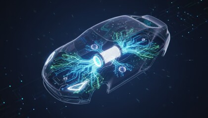 Electric vehicle core diagram glowing with circuitry representing clean mobility future. This suits tech innovation, auto trends and battery breakthroughs
