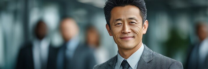 Smiling asian man, businessman in a sharp suit smiles warmly at the camera, exuding confidence, approachability, and professionalism. The image captures success, charm, and corporate poise.
