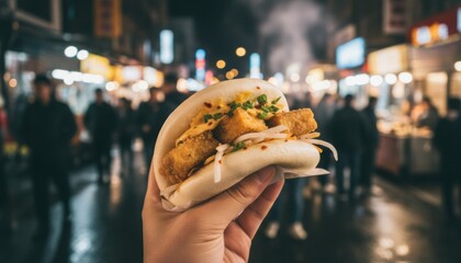 Hand holding bao in lively night market symbolizing idea of street food connection and cultural energy in urban evening scene. Image reflects trend of casual culinary exploration in busy districts