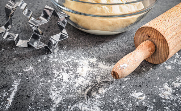 Christmas baking dough with rolling pin cutters