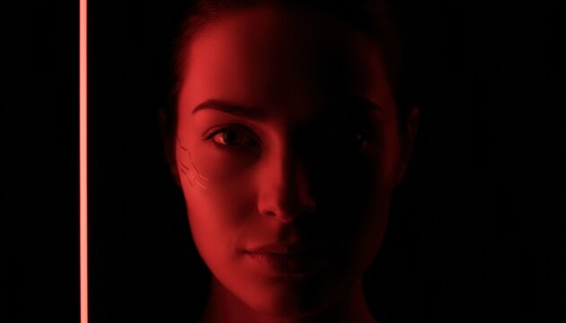Woman lit by red laser glow with subtle face circuit patch symbolising human ai fusion and cyberpunk nightlife in futuristic urban studio