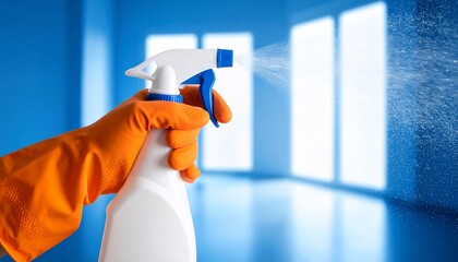 Spraying disinfectant in an interior, featuring a gloved hand and cleaning product