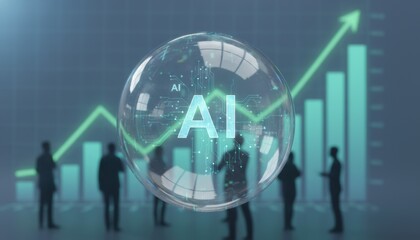 Ai innovation bubble over business growth chart with silhouettes in modern office