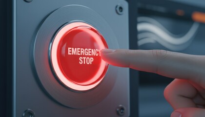 Close up of a red emergency stop button being pressed highlighting industrial safety risk prevention and instant shutdown in modern systems