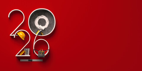 Creative 2026 New Year design template on engineering, construction and maintenance theme. 3d render illustration for a greeting card, calendar or banner.