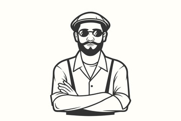 Confident bearded man wearing glasses and cap poses with arms crossed in monochrome