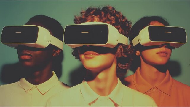 Diverse adults including african american man, caucasian man and woman using virtual reality headsets in retro futuristic immersion sequence - Powered by Adobe