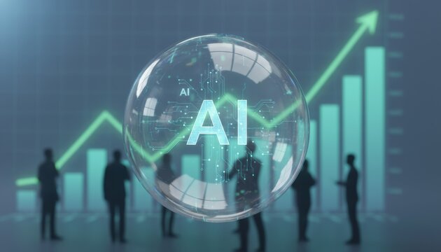 Ai innovation bubble over business growth chart with silhouettes in modern office