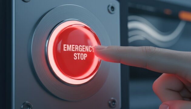 Close up of a red emergency stop button being pressed highlighting industrial safety risk prevention and instant shutdown in modern systems - Powered by Adobe