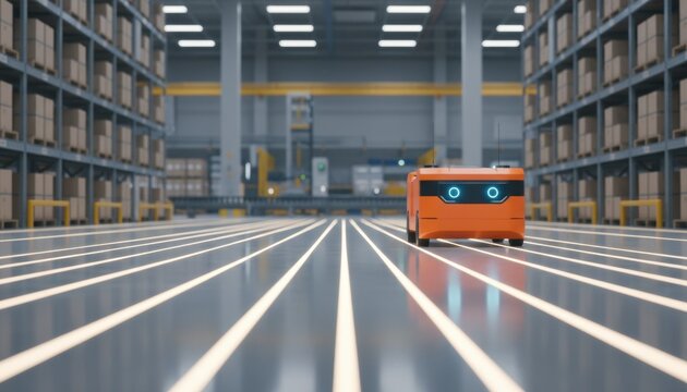 Orange warehouse robot following light tracks between tall shelves in automated logistics center